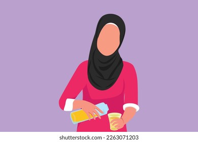 Graphic flat design drawing cute Arab woman pouring orange juice into glass from bottle while having breakfast at home. Healthy female feel thirsty in summer season. Cartoon style vector illustration