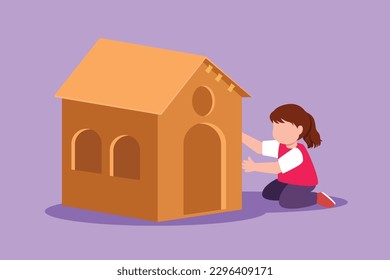 Dibujo de diseño plano gráfico de una linda niñita jugando en casa hecha de cajas de cartón. Niños creativos sentados en una casa de juegos. Niños muy pequeños en tiempo libre. Ilustración vectorial de estilo de dibujos animados