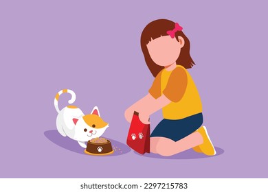 Graphic flat design drawing cute smiling little girl kneeling and feeding her kitten with cat food. Pretty kid caring for animal. Kids doing housework chores at home. Cartoon style vector illustration