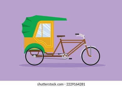 Graphic flat design drawing cycle rickshaw seen from the side pulls the passenger sitting behind it with a bicycle pedal. Tourist vehicle in Asia countries. Cartoon style character vector illustration