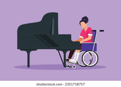 Graphic flat design drawing disabled beautiful woman in wheelchair playing piano in concert. Classical music performance in hospital. Rehabilitation center patient. Cartoon style vector illustration