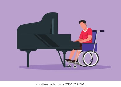 Graphic flat design drawing disabled man in wheelchair playing piano in concert. Disability and classical music. Physically disabled. Rehabilitation center patient. Cartoon style vector illustration