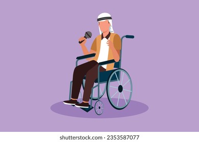 Diseño plano gráfico de personas discapacitadas disfrutando de la vida. Atractivo árabe sentado en silla de ruedas cantando en el hospital de karaoke. Pase tiempo en un lugar recreativo. Ilustración vectorial de estilo de dibujos animados