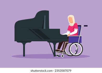 Graphic flat design drawing of disabled young Arabian woman in wheelchair playing piano in concert. Disability and classical music. Physically rehabilitation patient. Cartoon style vector illustration
