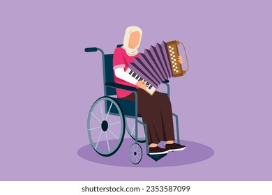 Diseño plano gráfico de una mujer árabe discapacitada en silla de ruedas tocando acordeón. Discapacitado físicamente. Persona en evento hospitalario. Paciente del centro de rehabilitación. Ilustración vectorial de estilo de dibujos animados
