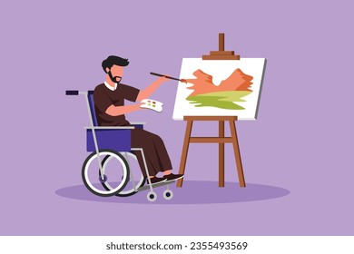 Graphic flat design drawing of disabled Arabian man in wheelchair painting landscape on canvas. Rehabilitation physiotherapy treatment. Physical disability activity. Cartoon style vector illustration