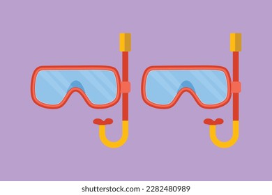 Graphic flat design drawing diving or snorkel mask with tube for breathing. Snorkeling equipment. Travel and summer vacation on beach in sea or ocean, scuba diving. Cartoon style vector illustration