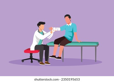 Graphic flat design drawing doctor bandages patient man hand. First aid emergency hands doing dressing bandage in Traumatology clinic. Medical treatment in hospital. Cartoon style vector illustration