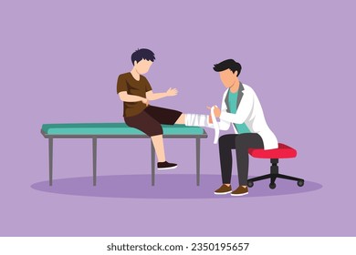 Graphic flat design drawing doctor bandage broken leg to little boy patient sitting on couch. Kid with plaster on ankle in hospital room. Trauma, healthcare, therapy. Cartoon style vector illustration