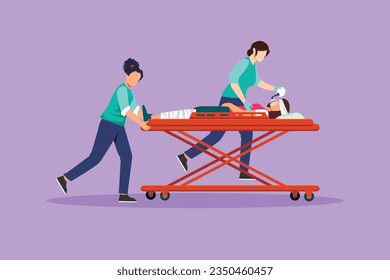 Graphic flat design drawing doctors push gurney with sick woman. Emergency room in hospital. Medical staff, infected patient. Health care and aid. Medical quarantine. Cartoon style vector illustration