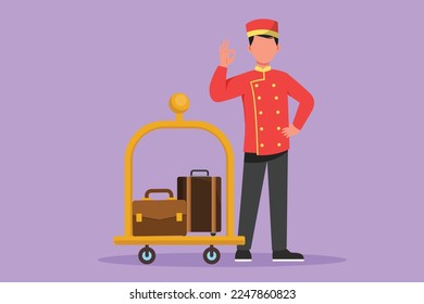 Graphic flat design drawing doorman standing with one hand on his waist and the other with okay gesture. Male porter working with great hospitality in luxury hotel. Cartoon style vector illustration