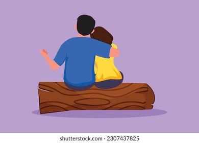 Graphic flat design drawing embracing romantic couple sitting wooden log at park  Happy family  Couple in relationship in love  Happy man hugging partner woman  Cartoon style vector illustration