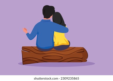 Graphic flat design drawing embracing romantic couple sitting wooden log at park  Happy family  Couple in relationship in love  Arabian man hugging partner woman  Cartoon style vector illustration