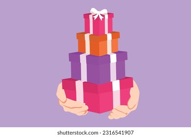 Graphic flat design drawing faceless millennial lady carrying pile of wrapped gifts box isolated on blue background. Young woman holding huge stack New Year presents. Cartoon style vector illustration