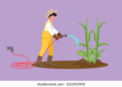 Graphic flat design drawing farmer watering vegetables with hose, agriculture and farming. Gardener working in farm garden with hat, overalls, field with crop plants. Cartoon style vector illustration