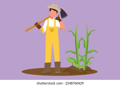 Granjero dibujante gráfico de diseño plano parado con el gesto de llamarme, usando sombrero de paja, llevando una pala para plantar cultivos o cosechas en tierras de cultivo. Trabajador agrícola rural. Ilustración vectorial de estilo de dibujos animados