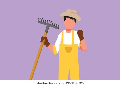 Graphic flat design drawing farmer holding rake with celebrate gesture and wearing straw hat to working on farm at harvest time. Countryside or rural living people. Cartoon style vector illustration