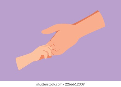 Graphic flat design drawing father giving hand to his child. Adorable babies hands holding mom finger. Parenting mother care with love. Parental concept. Happy dad. Cartoon style vector illustration