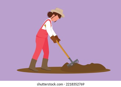 Graphic flat design drawing female farmer plow or plough the ground using rake or harrow. Starting new planting season at village. Success farmer with organic crop. Cartoon style vector illustration