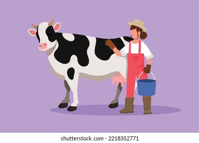 Graphic flat design drawing female farmer character standing near cow with bucket. Woman feeding farm animal. Cute rural scene with shepherdess hugging adorable calf. Cartoon style vector illustration