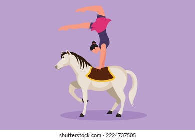 Graphic flat design drawing female acrobat performing hand stand dance on horseback. Funny circus horse lifting one of its legs. Circus show event entertainment. Cartoon draw style vector illustration