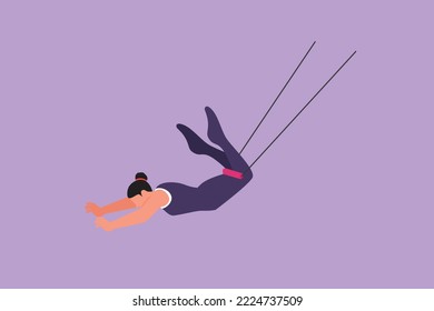 Graphic flat design drawing female acrobat performs on trapeze with legs hanging and head down while swinging hands. Brave and agile. Circus show event entertainment. Cartoon style vector illustration