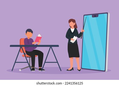 Graphic flat design drawing female teacher standing in front of smartphone screen holding book, teaching male junior high school student sitting on chair near desk. Cartoon style vector illustration