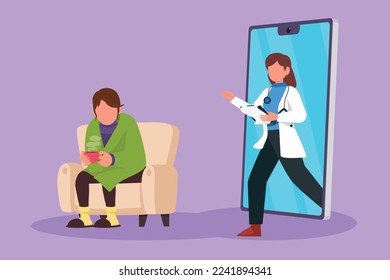 Graphic flat design drawing female patient having fever sitting on sofa, using blanket, hold mug and there is female doctor walking out of smartphone with clipboard. Cartoon style vector illustration