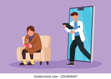 Graphic flat design drawing female patient having fever sitting on sofa, using blanket, holding mug and there is male doctor walking out of smartphone with clipboard. Cartoon style vector illustration