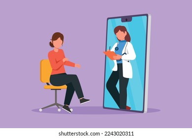 Graphic flat design drawing female doctor comes out of smartphone holding clipboard and checking condition of female patient sitting on chair. Online medical concept. Cartoon style vector illustration