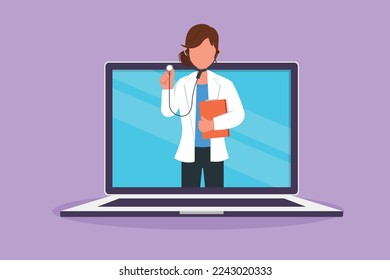 Graphic flat design drawing female doctor comes out of laptop computer screen holding stethoscope. Online medical services. Digital healthcare consultation concept. Cartoon style vector illustration