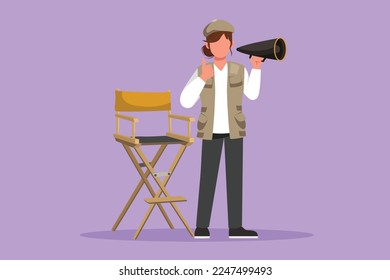 Graphic flat design drawing female film director standing and holding megaphone with thumbs up gesture while prepare camera crew for shooting action romantic series. Cartoon style vector illustration