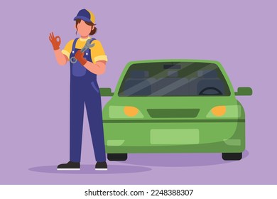 Graphic flat design drawing female mechanic standing in front of car with okay gesture and holding wrench to perform maintenance on vehicle engine or transportation. Cartoon style vector illustration