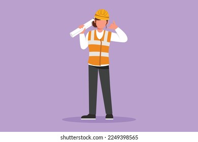 Graphic flat design drawing female architect standing holding roll of paper work with call me gesture and wearing helmet carrying blueprint for building's work plan. Cartoon style vector illustration