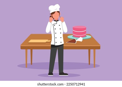 Dibujo gráfico de diseño plano de una cocinera de pie con gesto de celebración y uniforme de cocina preparan ingredientes para cocinar los mejores platos. Chef con pastel dulce sobre la mesa. Ilustración vectorial de estilo de dibujos animados
