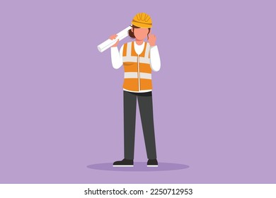 Graphic flat design drawing female architect standing holding roll of paper work with celebrate gesture and wearing helmet carrying blueprint for building work plan. Cartoon style vector illustration