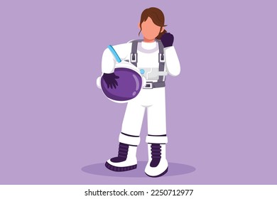Graphic flat design drawing female astronaut standing with celebrate gesture wear spacesuit exploring earth, moon, other planet in universe. Start space expedition. Cartoon style vector illustration