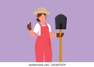 Diseño plano gráfico de una agricultora con pala con los pulgares hacia arriba y con sombrero de paja trabajando en una granja en época de cosecha. Campo o vida rural. Ilustración vectorial de estilo de dibujos animados