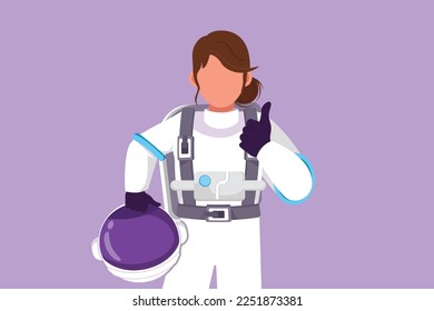 Graphic flat design drawing female astronaut holding helmet with thumbs up gesture wearing spacesuit ready to explore outer space in search of mysteries of universe. Cartoon style vector illustration