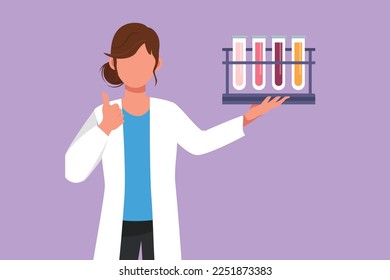 Graphic flat design drawing female scientist holding measuring tube with thumbs up gesture and examining chemical solution to make vaccine due to pandemic outbreak. Cartoon style vector illustration