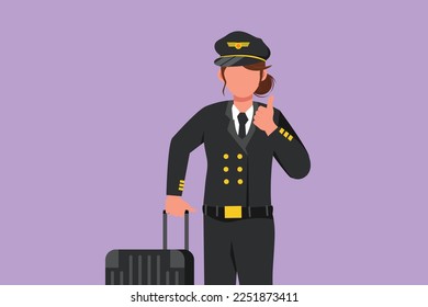 Graphic flat design drawing female pilot with thumb up gesture and in uniform ready to fly with cabin crew with aircraft at airport. Airline travel or plane industry. Cartoon style vector illustration