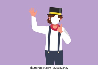 Graphic flat design drawing female mime artist say hi with thumbs up gesture, white face make up puts on silent motion comedy show at circus show. Creative industry. Cartoon style vector illustration