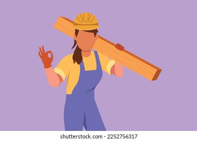 Graphic flat design drawing female carpenter carrying wooden board with okay gesture and working in workshop making wooden products. Skills in using carpentry tool. Cartoon style vector illustration