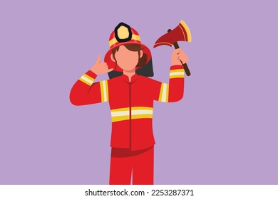 Graphic flat design drawing female firefighter in complete uniform holding glass breaking axe with call me gesture prepare to put out fire that burned the building. Cartoon style vector illustration