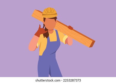 Graphic flat design drawing female carpenter carrying wooden board with call me gesture and working in workshop making wooden product. Skills in using carpentry tool. Cartoon style vector illustration
