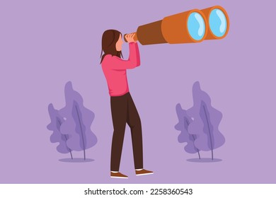 Graphic flat design drawing female tourist looking through huge binoculars far ahead. Businesswoman looking for big business opportunity. Find something interesting. Cartoon style vector illustration