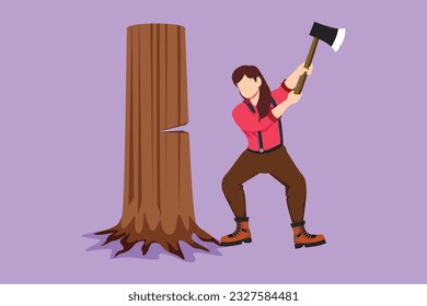 Graphic flat design drawing female lumberjack with an ax chopping wood. Woodcutter chopping tree with axe. Wearing shirt, jeans, boots. Pretty woman with ax cut tree. Cartoon style vector illustration