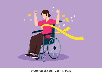Graphic flat design drawing female in wheelchair crossing finish line ribbon win competition. Happy winner, successful champion. Society, disabled people community. Cartoon style vector illustration