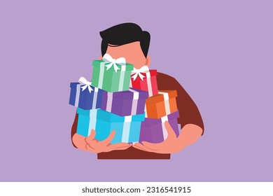 Dibujo gráfico de diseño plano hombre festivo sosteniendo pila de caja de regalos. Hombre cargando una enorme pila de regalos de Año Nuevo. Millones de machos cargando el ícono de la caja de regalos envueltos. Ilustración vectorial de estilo de dibujos animados