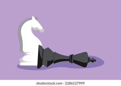 Graphic flat design drawing figures of wooden chess on chessboard. King, queen of opposing team. Composition for tourney. Horse chess figure as symbol of leadership. Cartoon style vector illustration